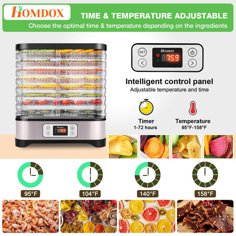 Homdox 360° hot air circulation ensures even dehydration.