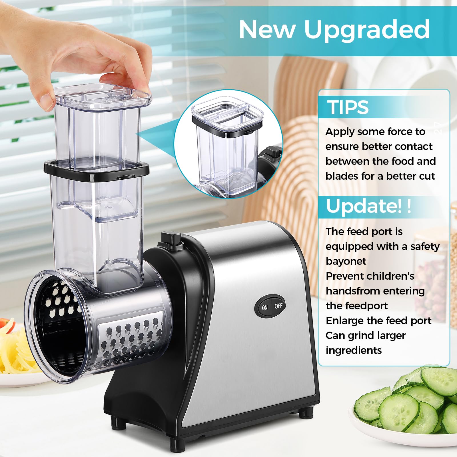 Homdox five-blade set displayed, versatile slicing and shredding options.