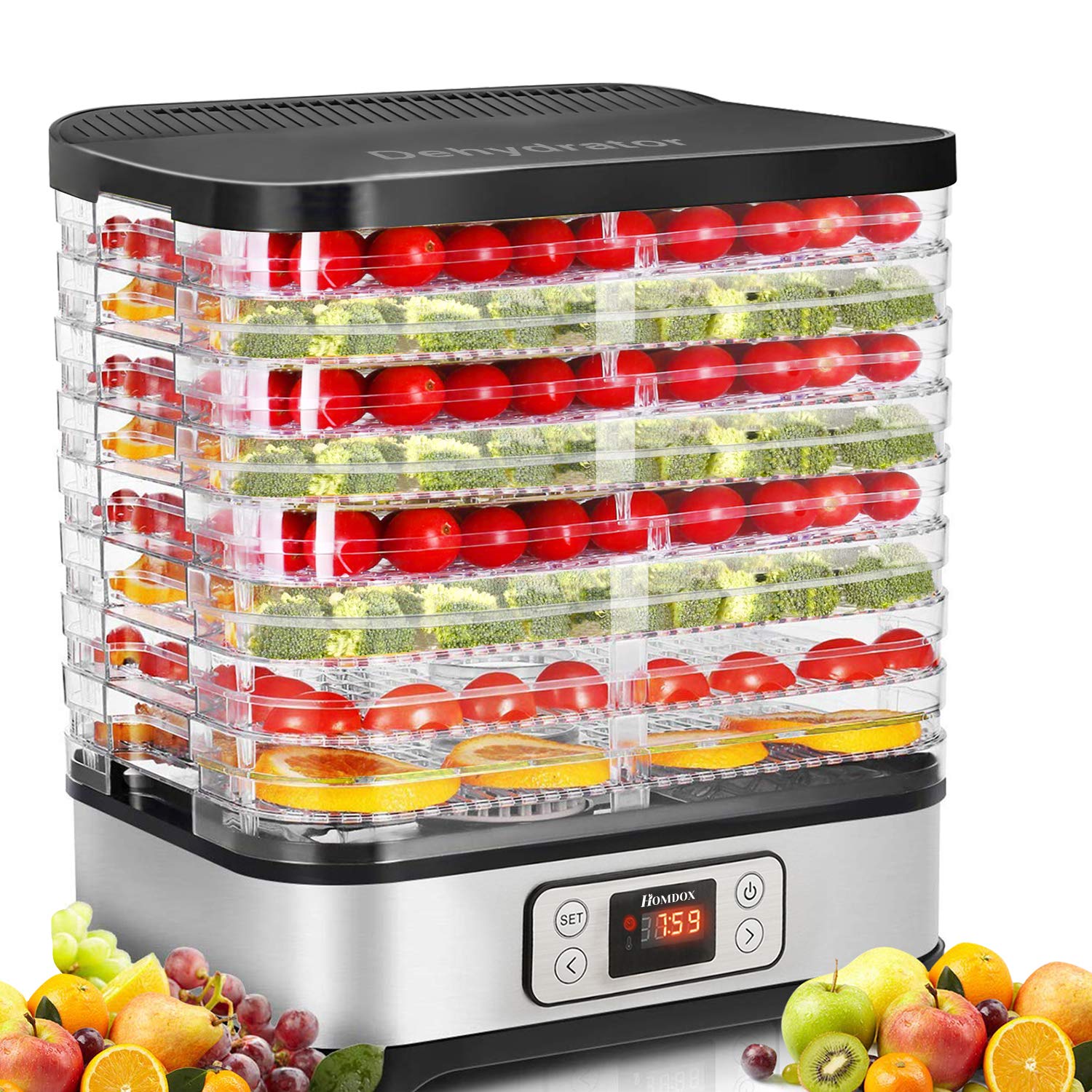Homdox food dehydrator with eight trays for even drying.