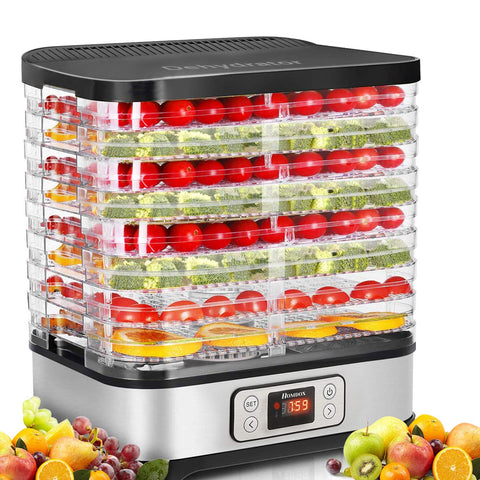 Homdox food dehydrator with eight trays for even drying.