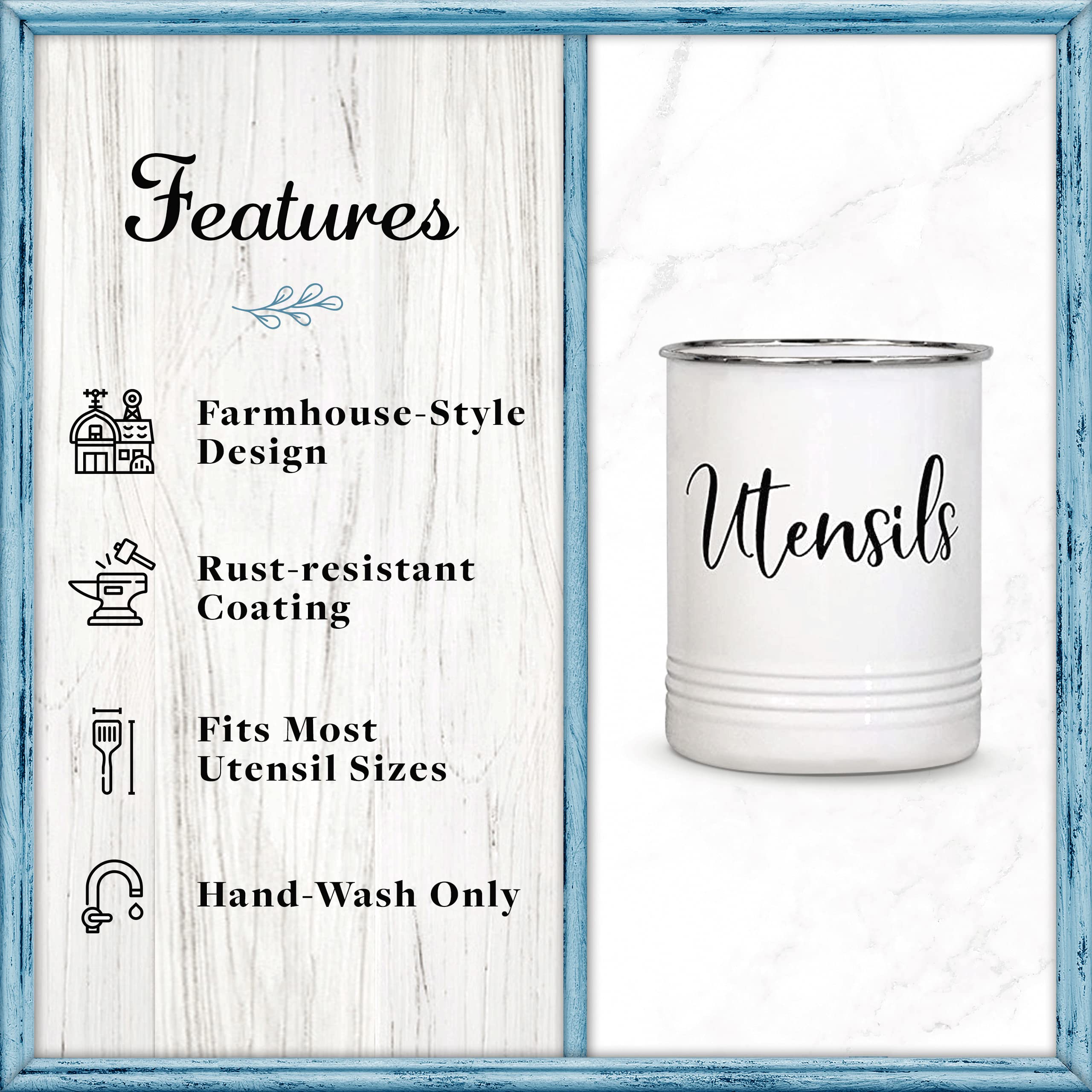 Home Acre Designs utensil holder on countertop showcases rustic farmhouse charm and practicality
