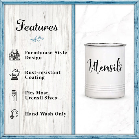 Home Acre Designs utensil holder on countertop showcases rustic farmhouse charm and practicality