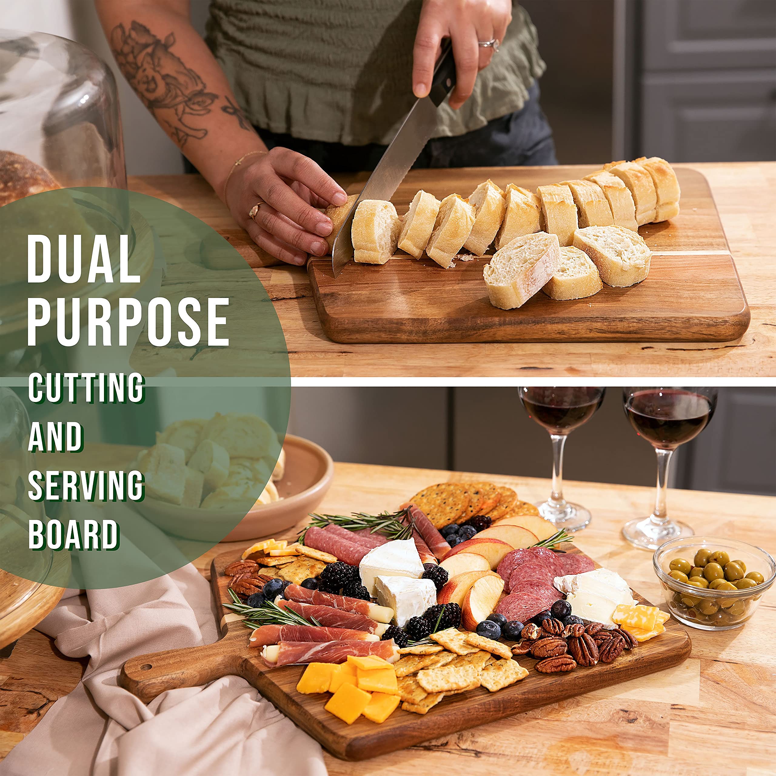 Home Beets Acacia Cutting Board with Handle easy transport from kitchen to table.