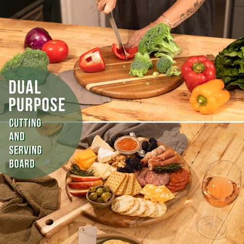 Home Beets Acacia serving board with handle highlights rustic display for gatherings