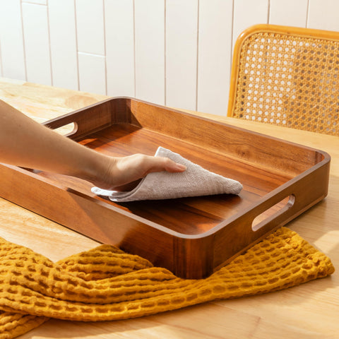 Living room ottoman tray adds warmth and charm