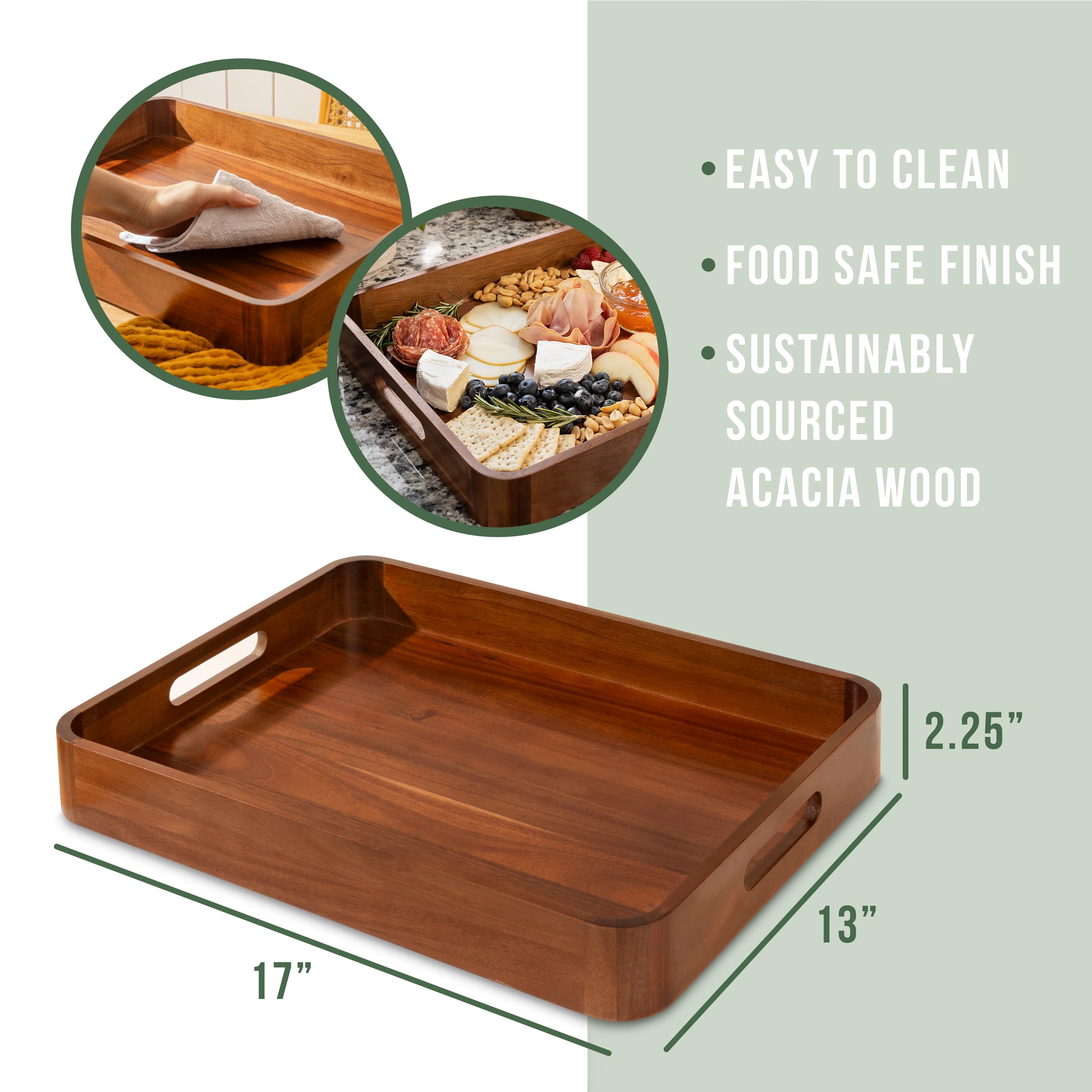 Home Beets acacia wood tray with built-in handles for easy transport