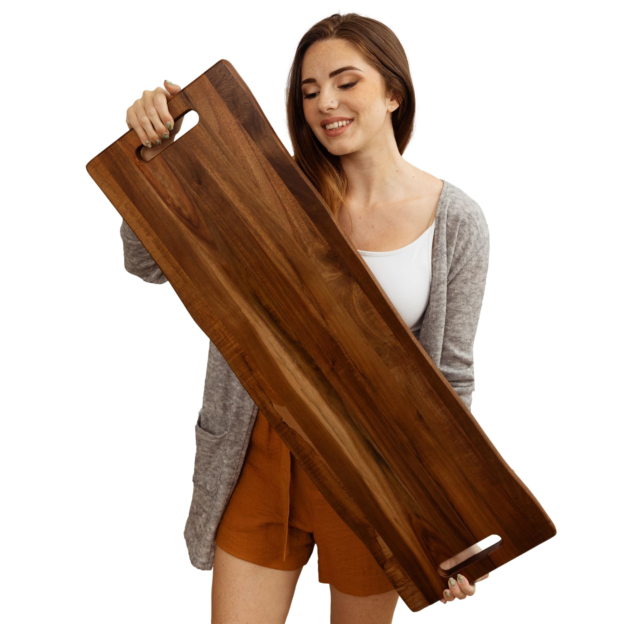 Home Beets large acacia serving board with handles for front-view meat display