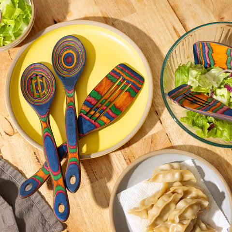 Home Beets Pakka wood serving scoop in blue rainbow finish, easy sauce serving.
