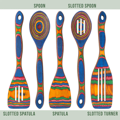 Home Beets Pakka wood spatula with blue rainbow finish, smooth grip for stirring.