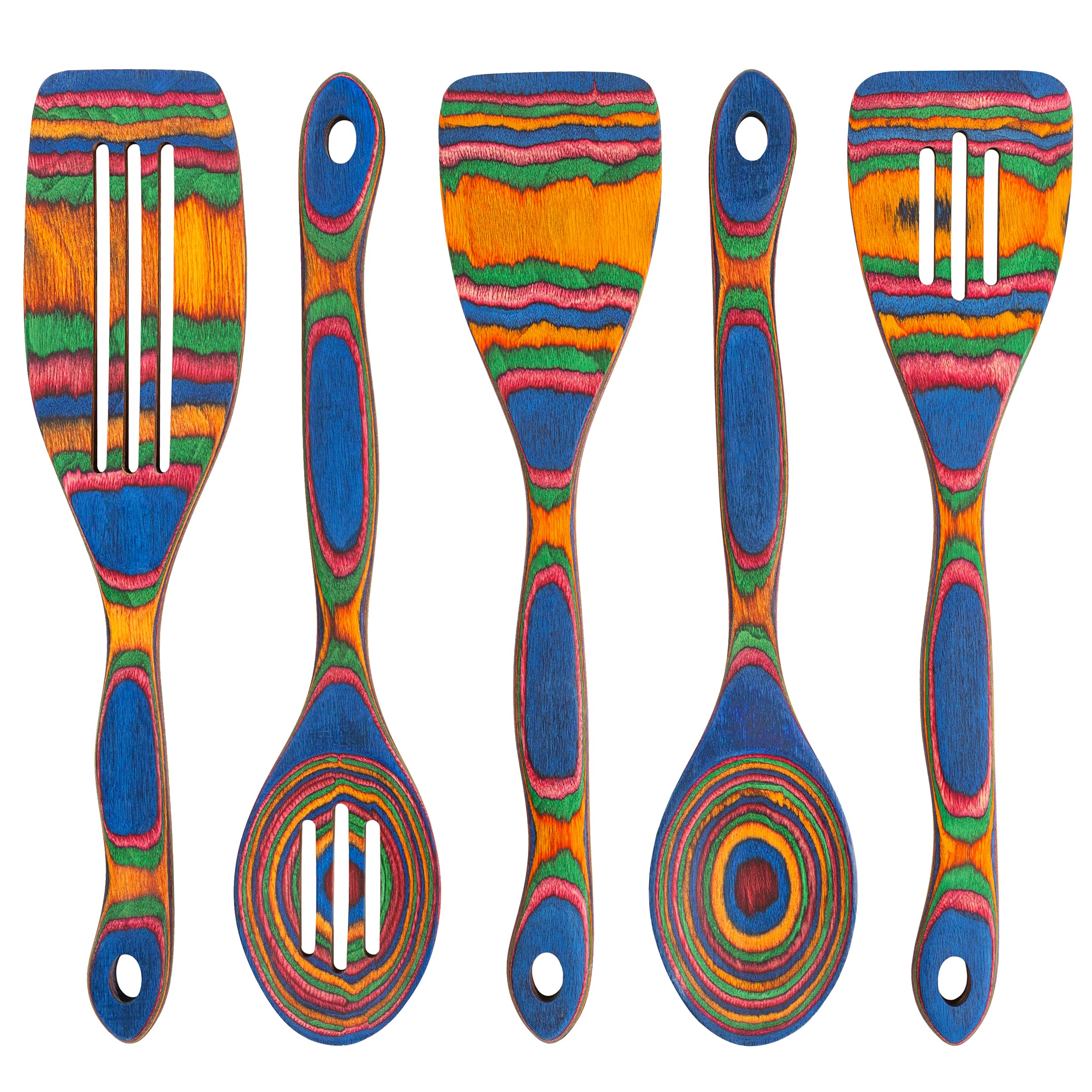 Home Beets Pakka wood spoons in blue rainbow finish, gentle on nonstick pans for sautéing.