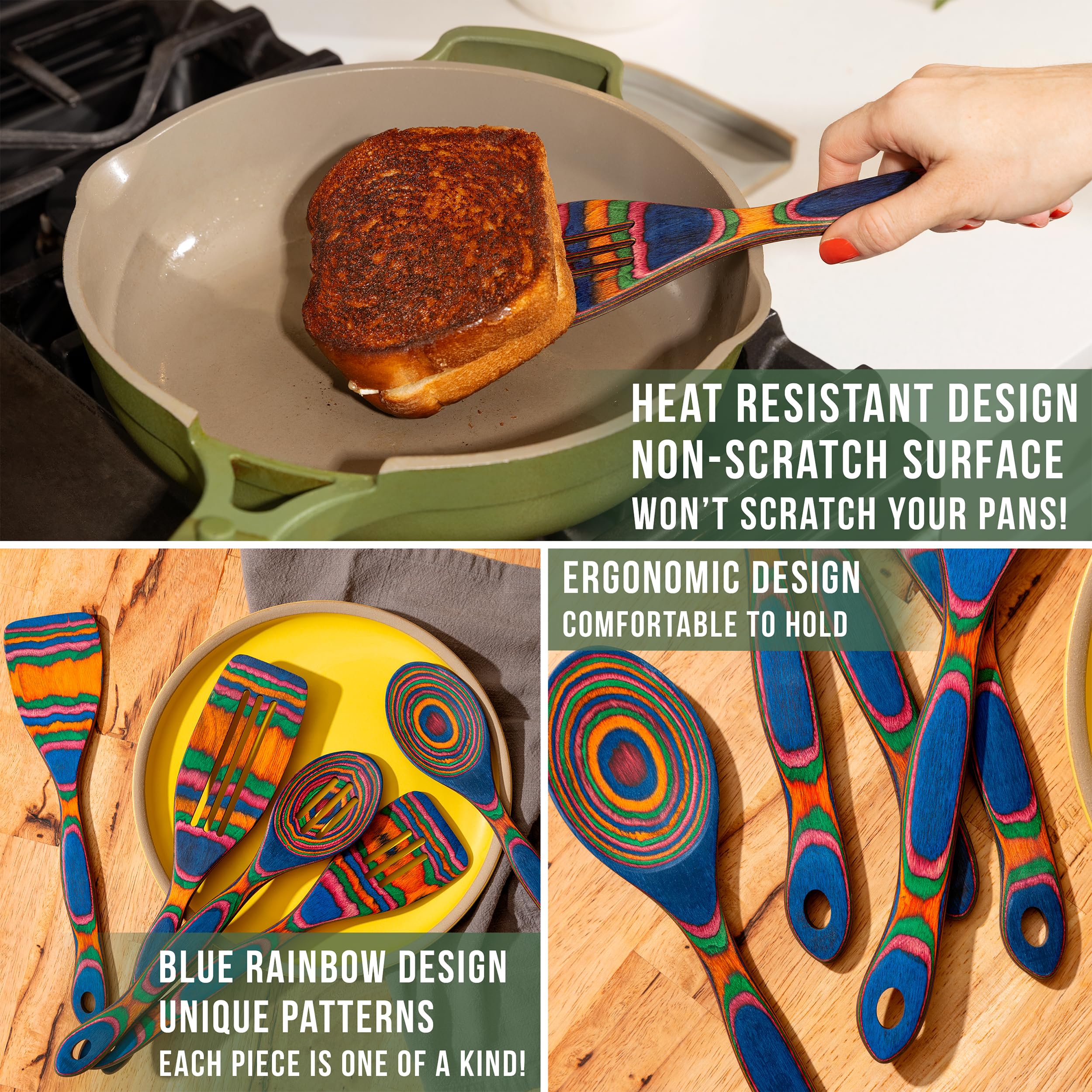 Home Beets Pakka wood turner in blue rainbow finish, ideal for flipping pancakes.