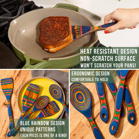 Home Beets Pakka wood turner in blue rainbow finish, ideal for flipping pancakes.