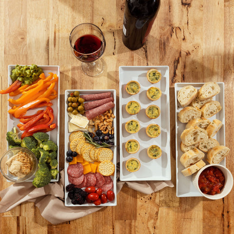 Home Beets white ceramic serving platter stack of 4 demonstrates space-saving storage.