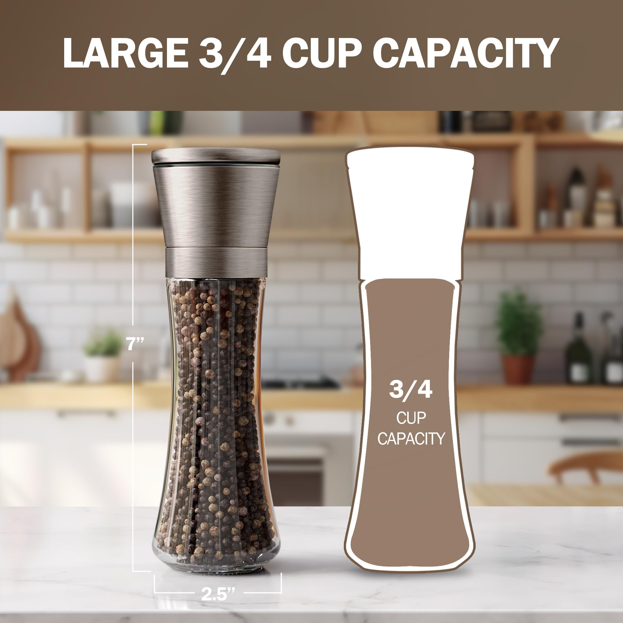 Adjustable ceramic grinders on top provide customizable coarseness.
