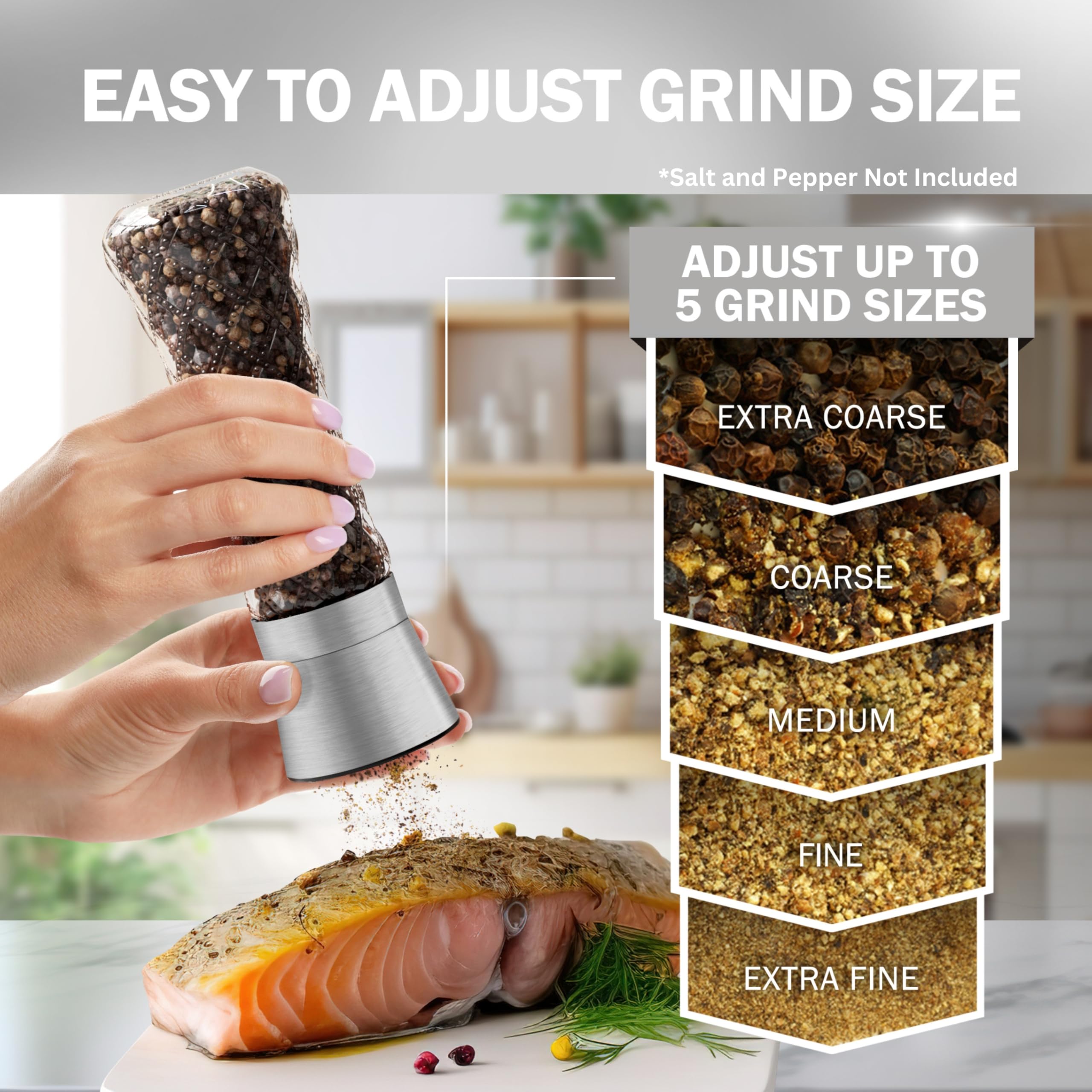 HOME EC adjustable ceramic grinders let you choose coarse or fine textures.