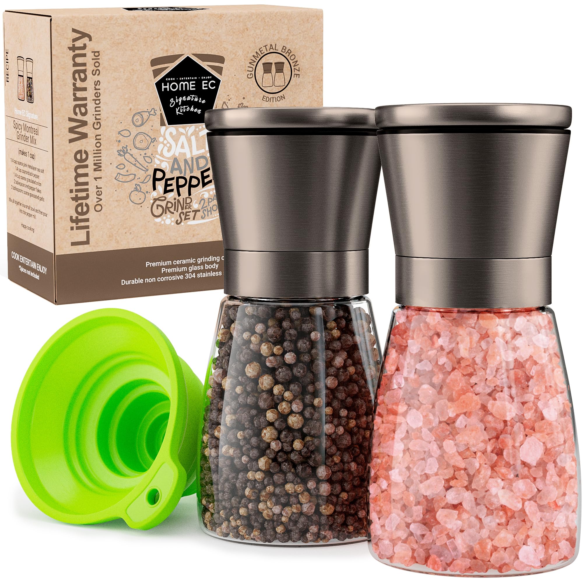 HOME EC original bronze grinder set on kitchen counter with visible spices