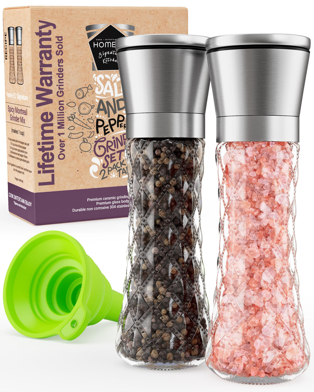 HOME EC salt and pepper grinders with stainless steel bodies and clear glass reservoirs for fresh grinding.