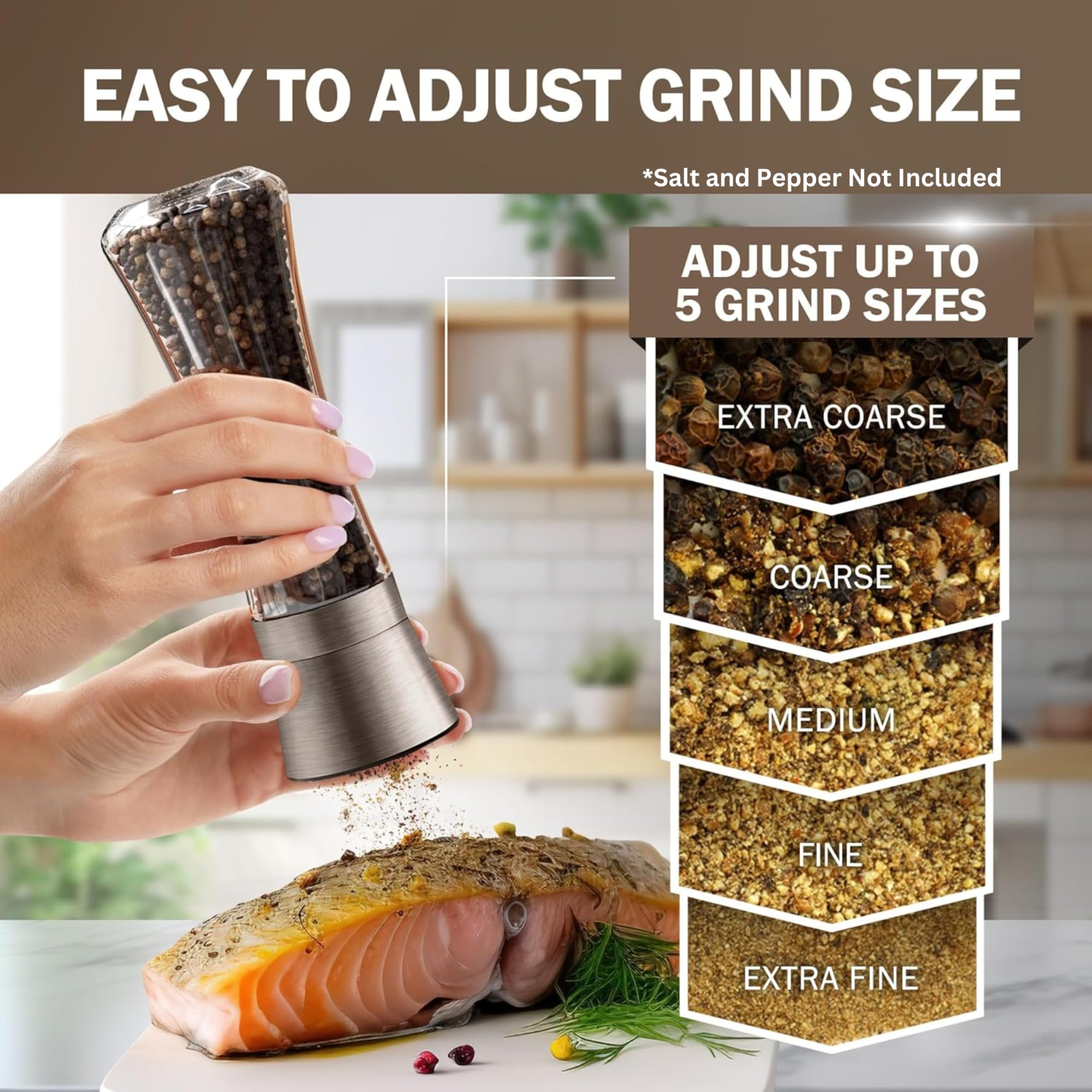 Tall glass bottle with stainless lid keeps spices fresh.