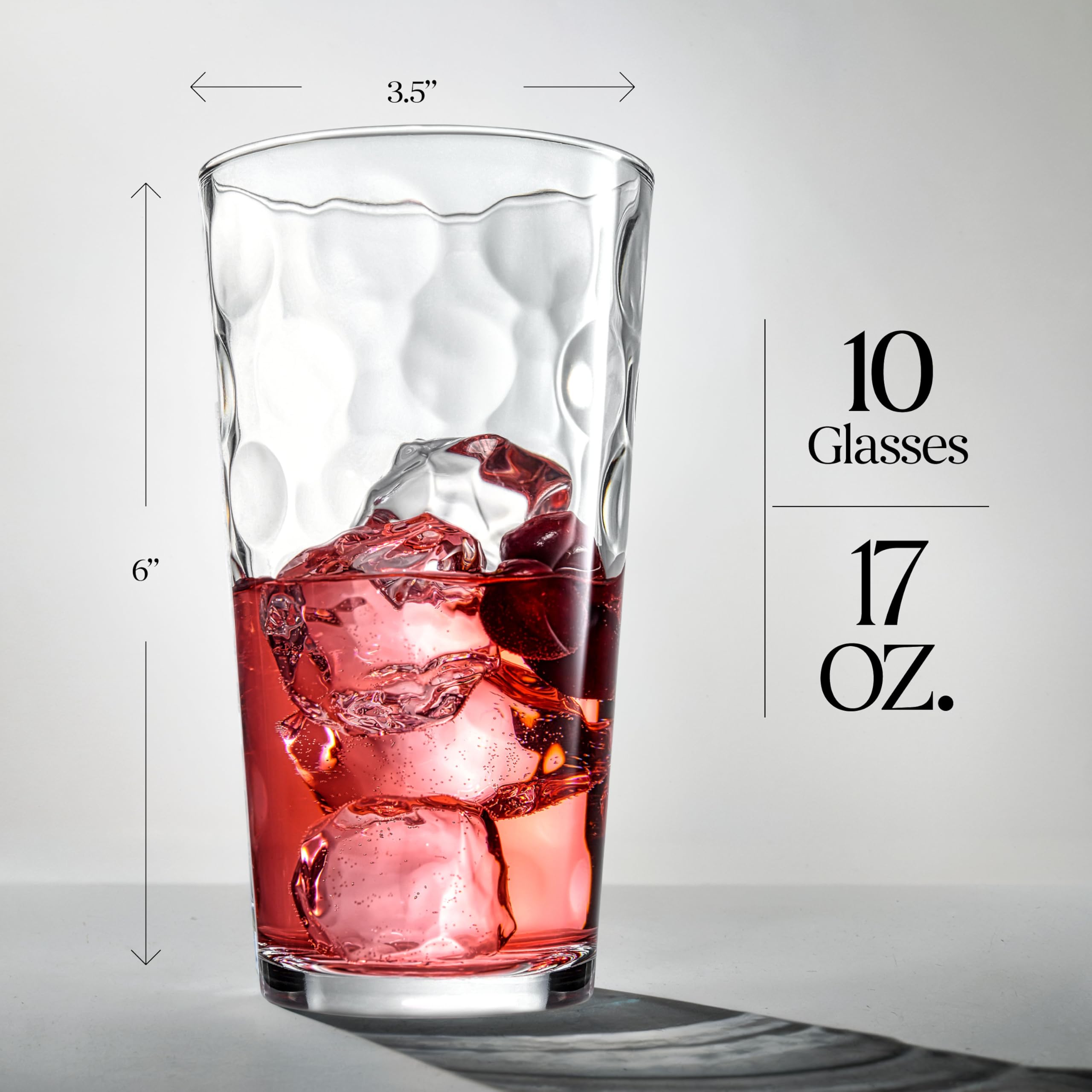 Highball glass shows 17 oz capacity suitable for standard and large ice cubes.