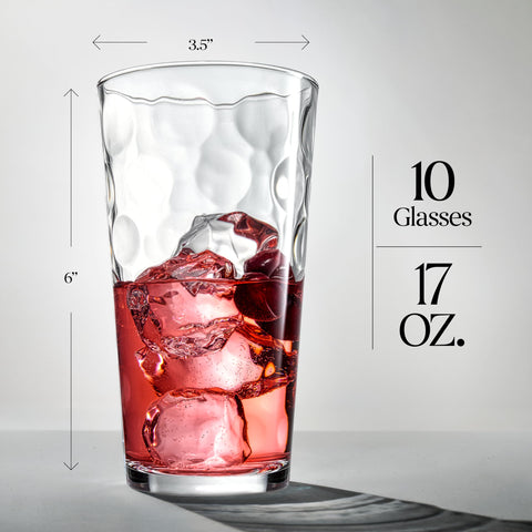 Highball glass shows 17 oz capacity suitable for standard and large ice cubes.