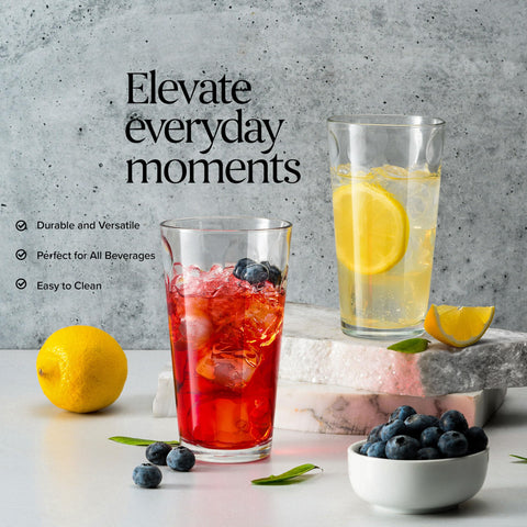 Outer smooth, clear surface of Home Essentials & Beyond highball glass catching light.