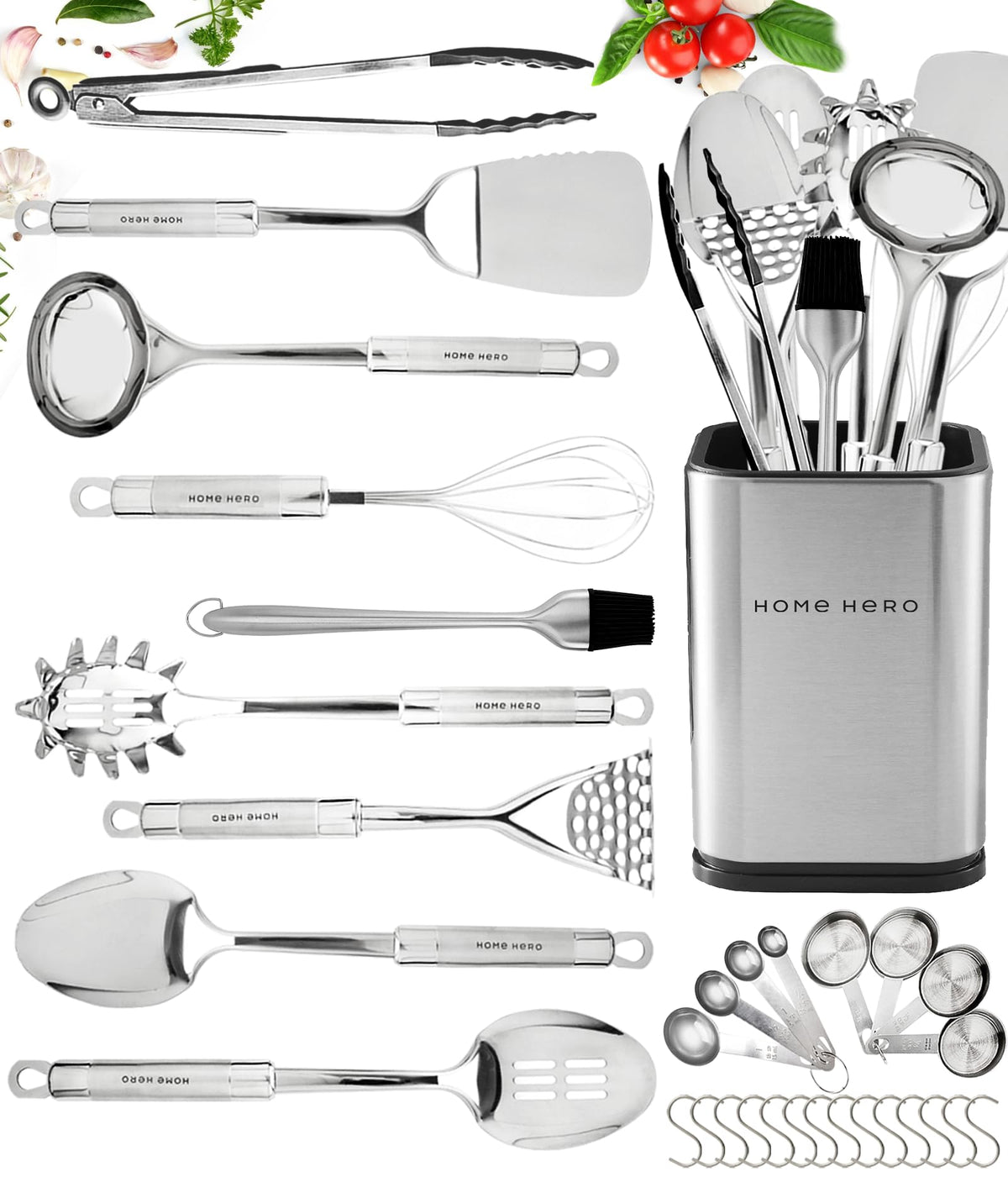 Home Hero 32-piece stainless steel utensils with holder, durable tools for everyday cooking