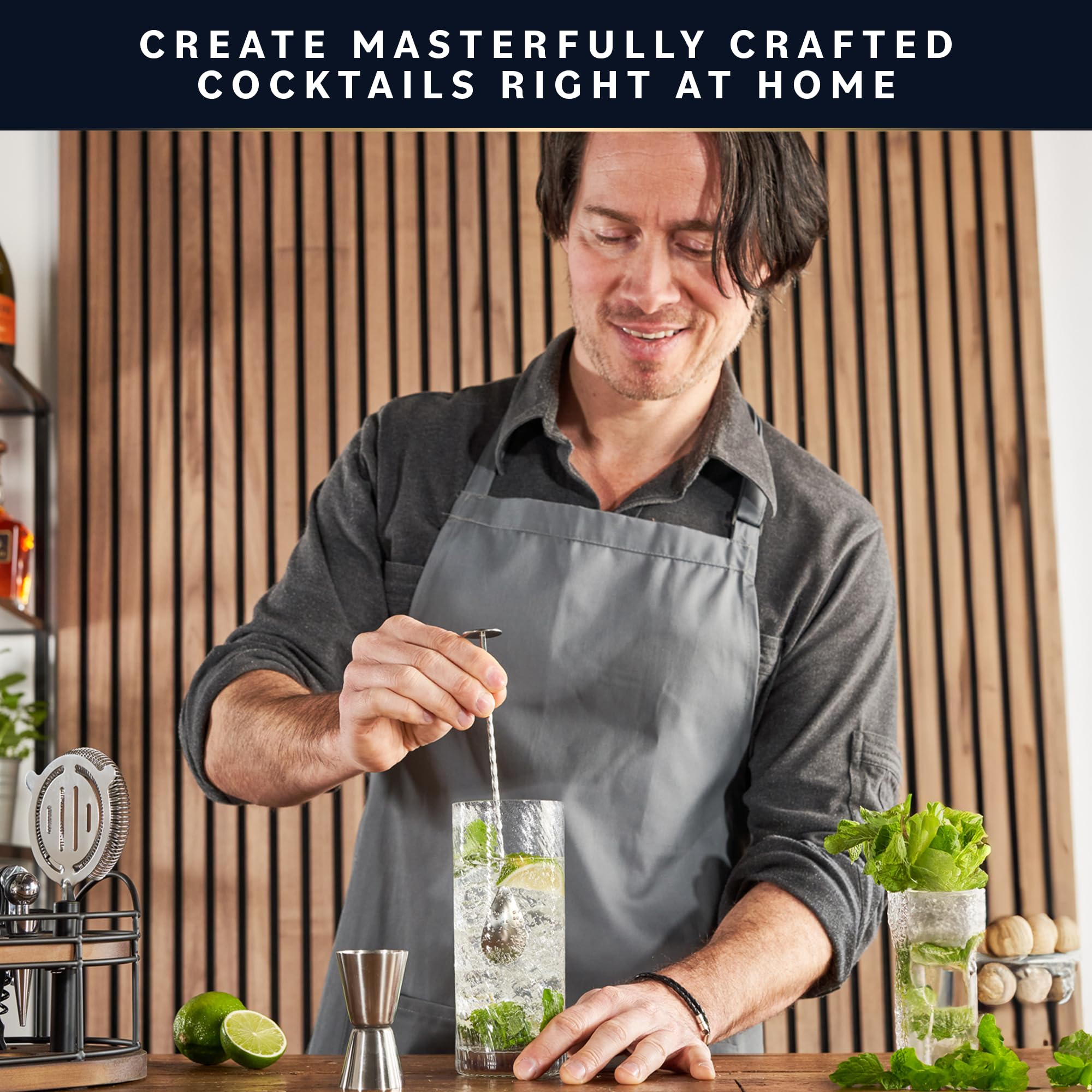 Home Hero bar tools set including strainer, muddler, and spoon for mixology.