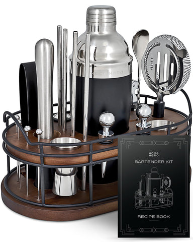 Home Hero Bartender Kit on wooden stand for stylish home entertaining.