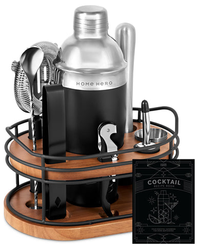 Home Hero elegant bartender kit with wooden stand enhances home bar decor.