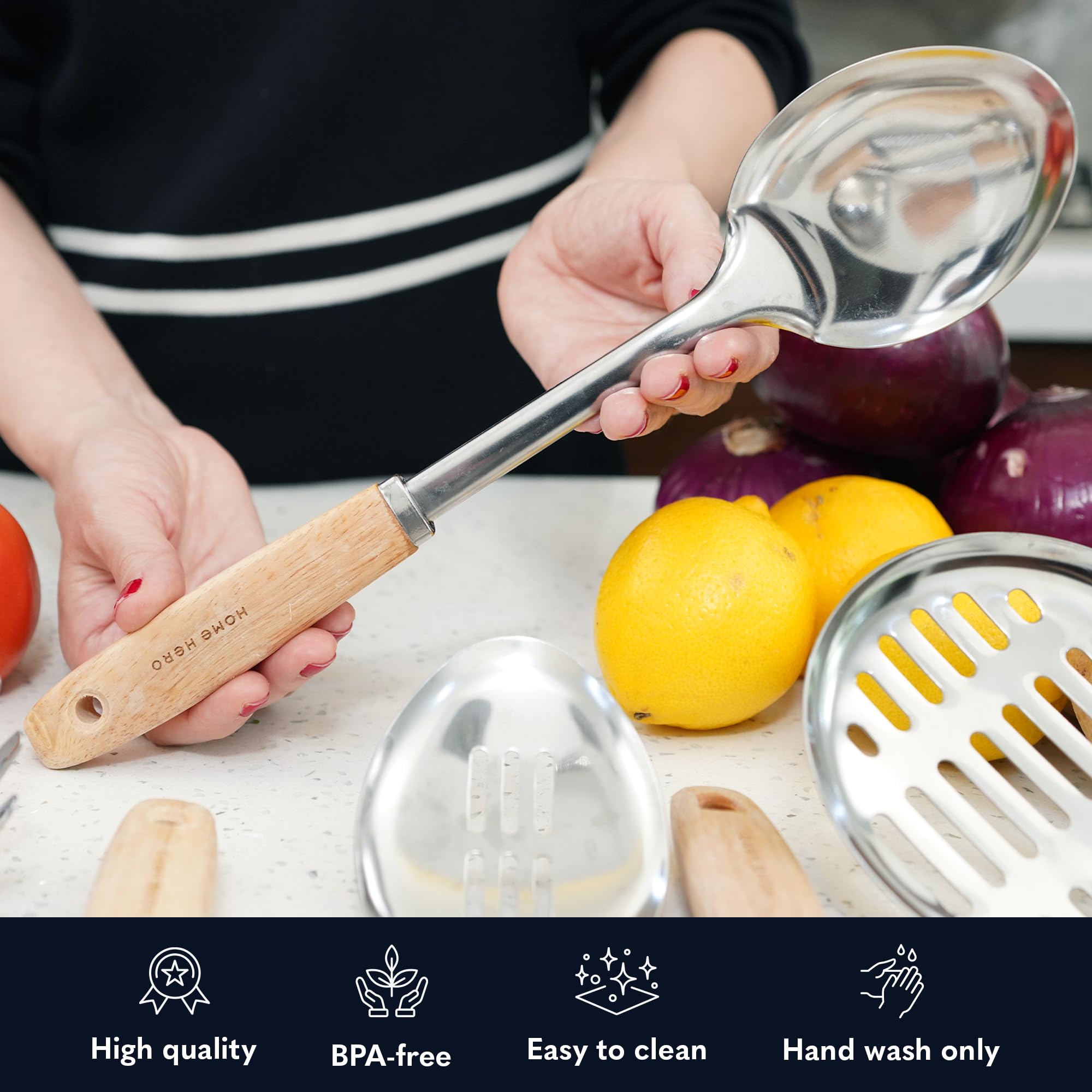 Home Hero pasta spoon for lifting and mixing pasta smoothly.