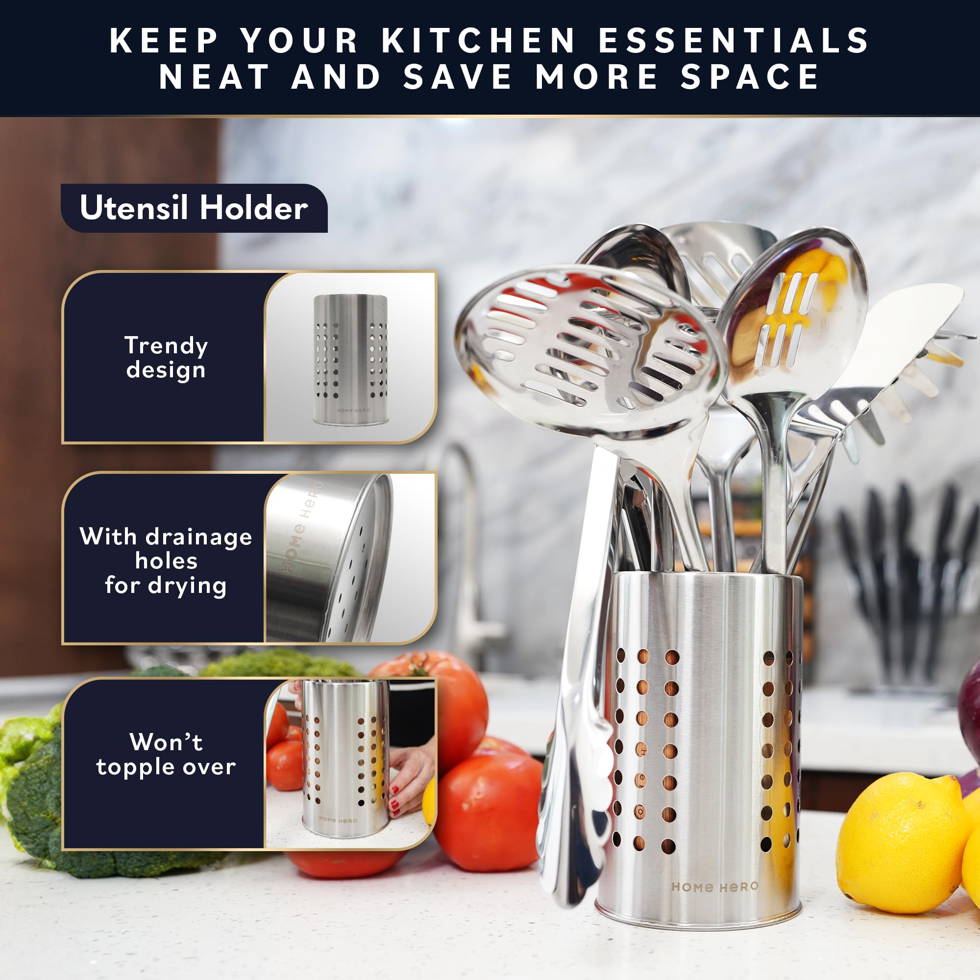 Home Hero potato masher with stainless steel head and wood handle.