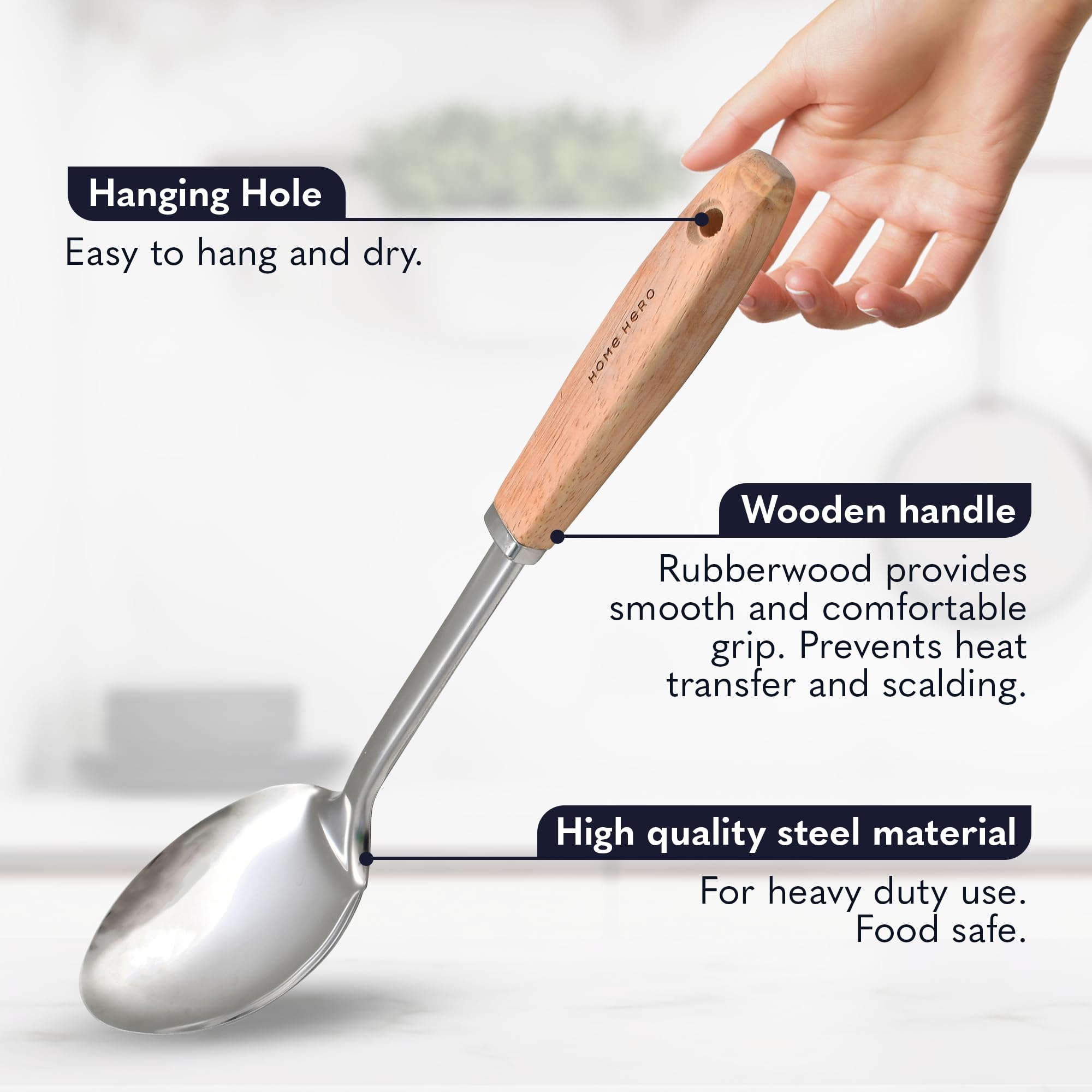 Home Hero skimmer with wooden grip for lifting noodles.
