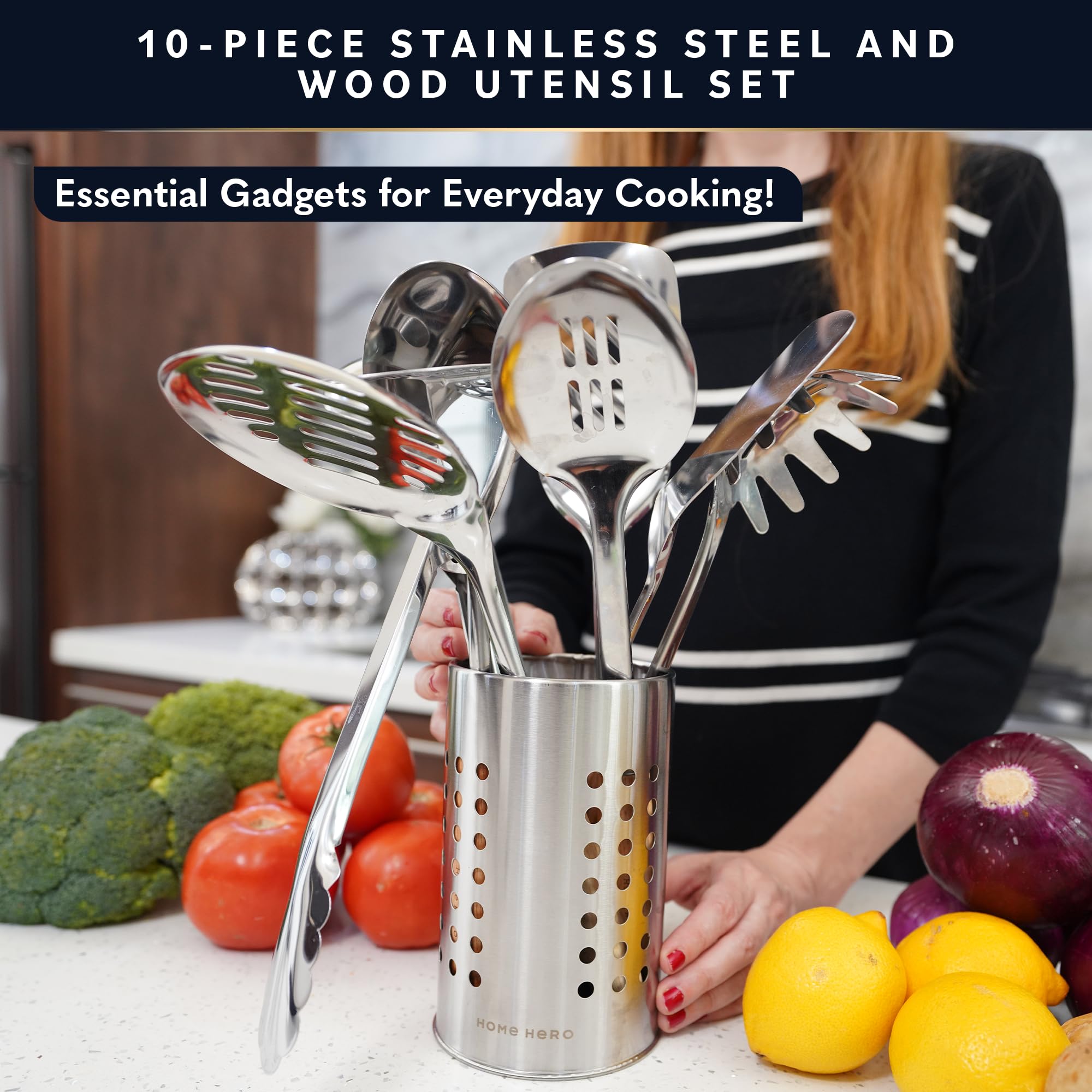 Home Hero slotted spoon with wood handle for draining soups and sauces.