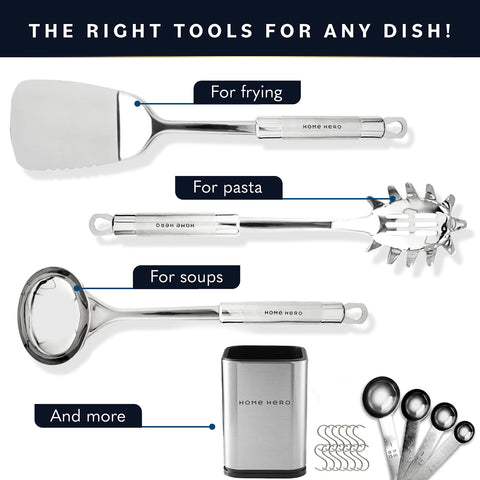 Home Hero solid spatula and tongs in stainless steel, built for daily meals