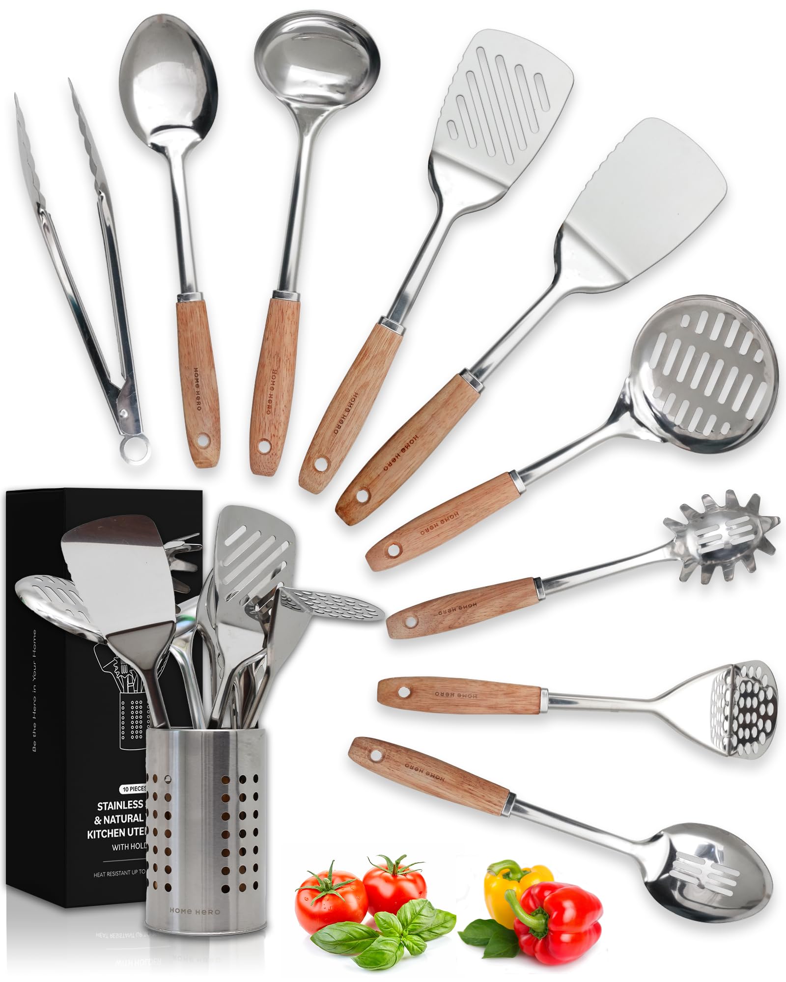 Home Hero stainless steel utensils set with wood handle, durable and nonstick-friendly.