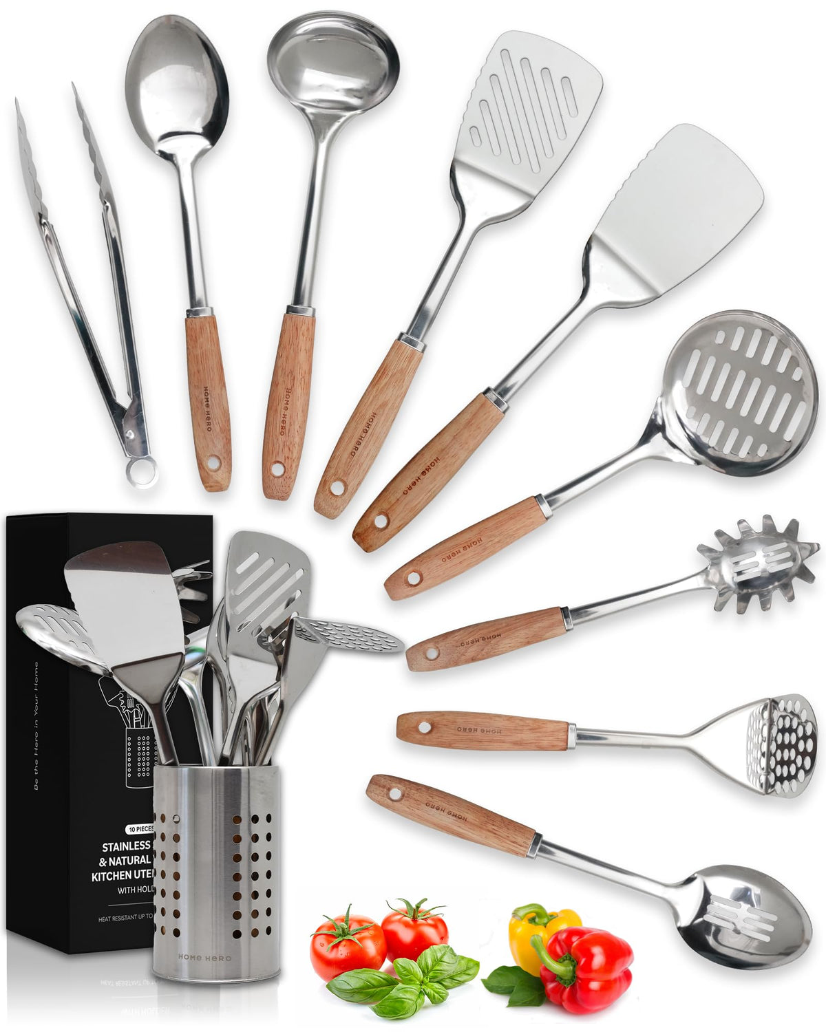 Home Hero stainless steel utensils set with wood handle, durable and nonstick-friendly.