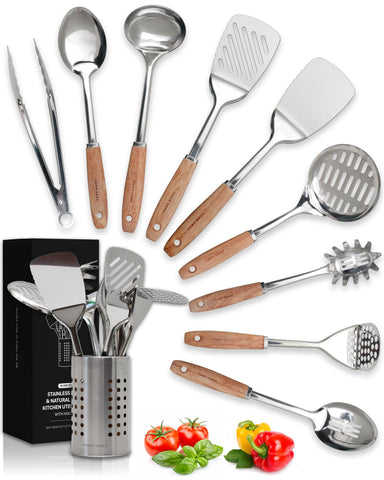 Home Hero stainless steel utensils set with wood handle, durable and nonstick-friendly.