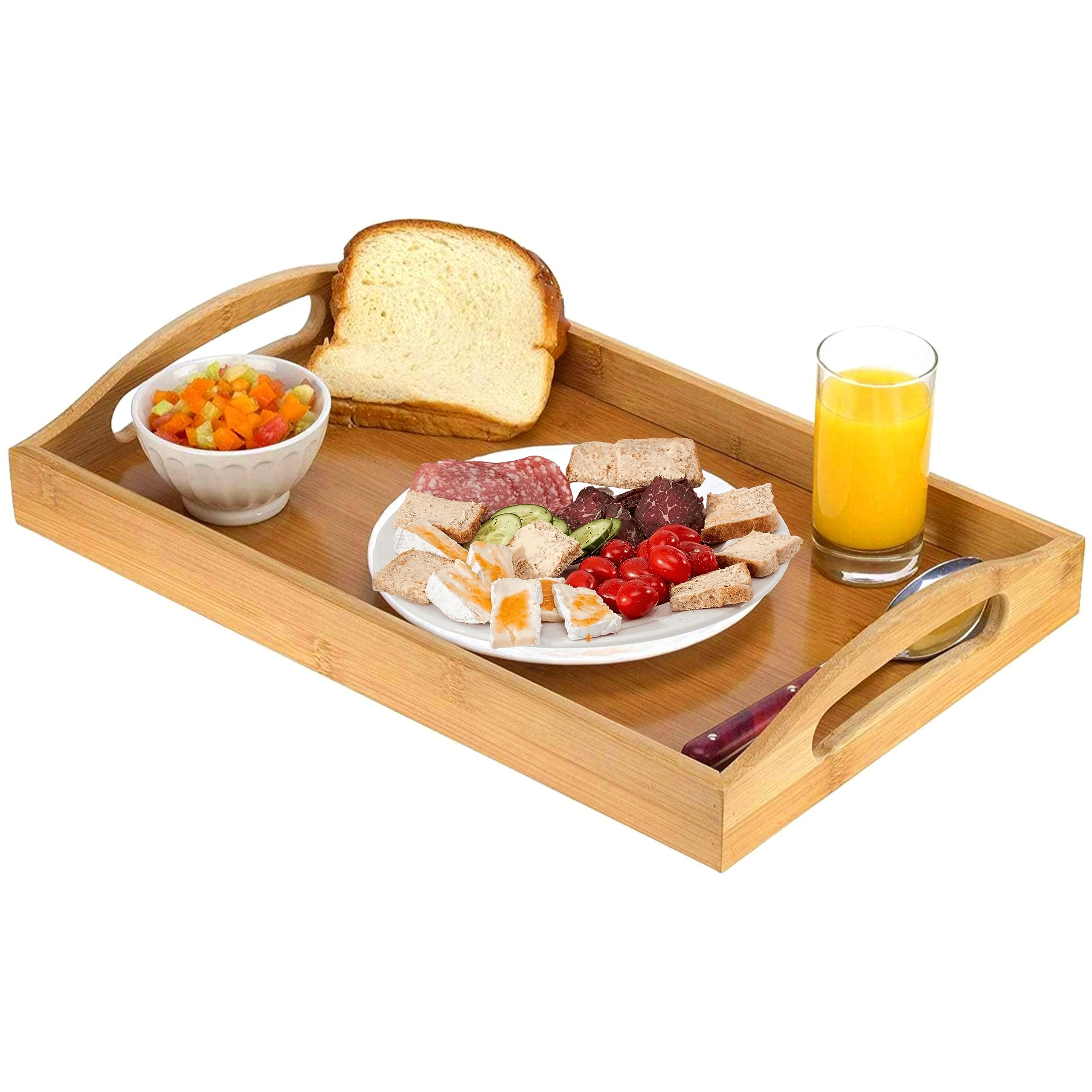 HOME IT wooden serving tray in natural finish adds warmth to any room.