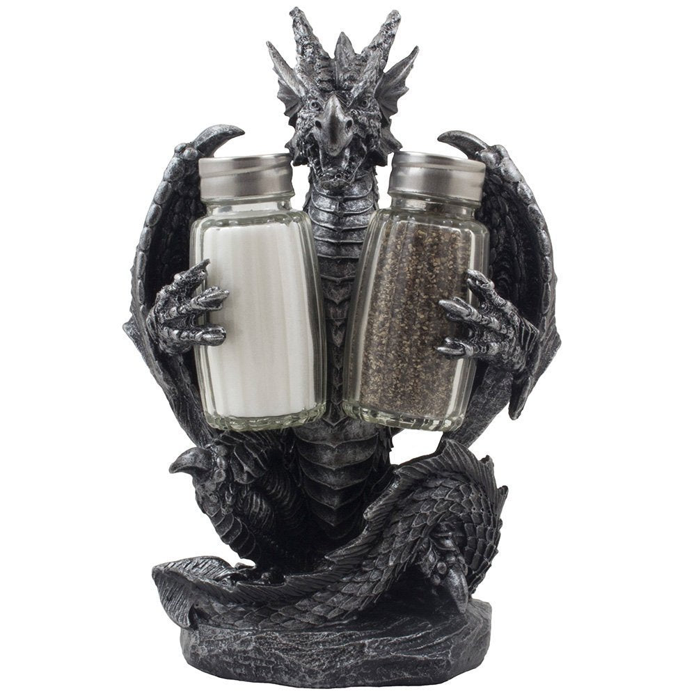 Home 'n Gifts mythical dragon salt and pepper shaker holder guarding glass shakers.
