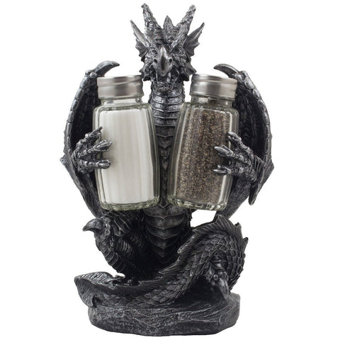 Home 'n Gifts mythical dragon salt and pepper shaker holder guarding glass shakers.