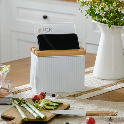 HOME PALETTE sturdy metal box blends with any kitchen aesthetic while storing cards securely.