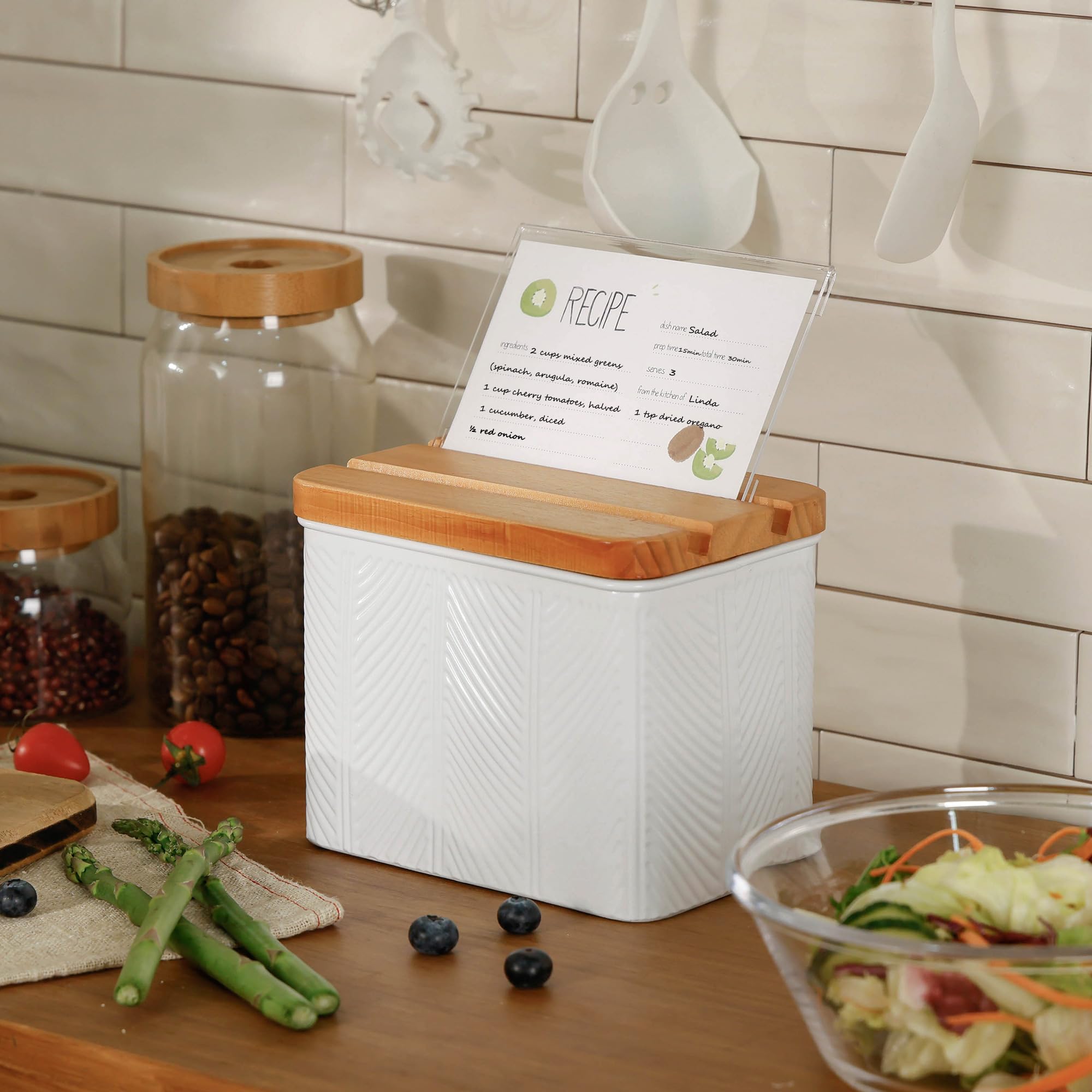 HOME PALETTE metal recipe box with grooved wood lid for durable daily use