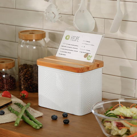 HOME PALETTE metal recipe box with grooved wood lid for durable daily use