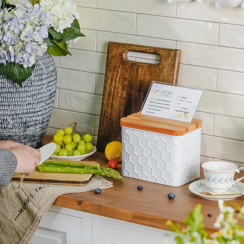 HOME PALETTE box shown with white honeycomb pattern for stylish kitchen storage