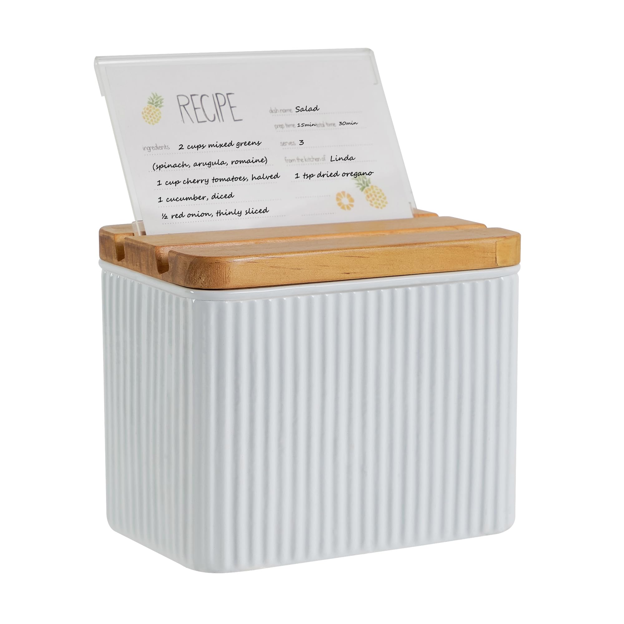 HOME PALETTE recipe box with white vertical stripes keeps recipes organized on the counter.