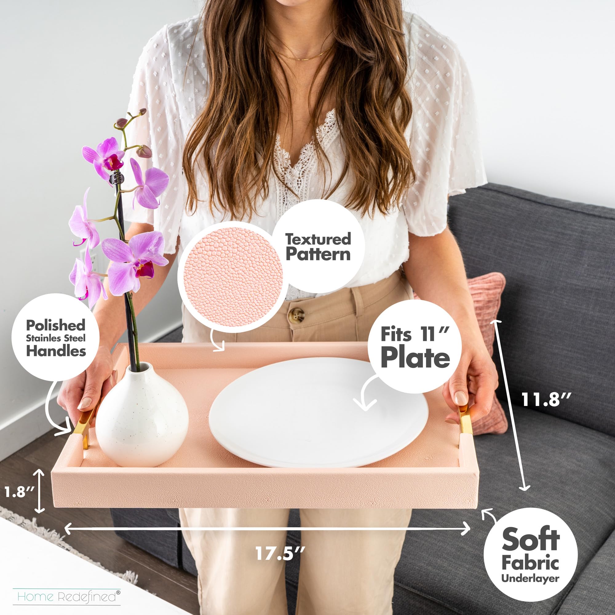Home Redefined dining tray with pink finish, enhances dining centerpiece.