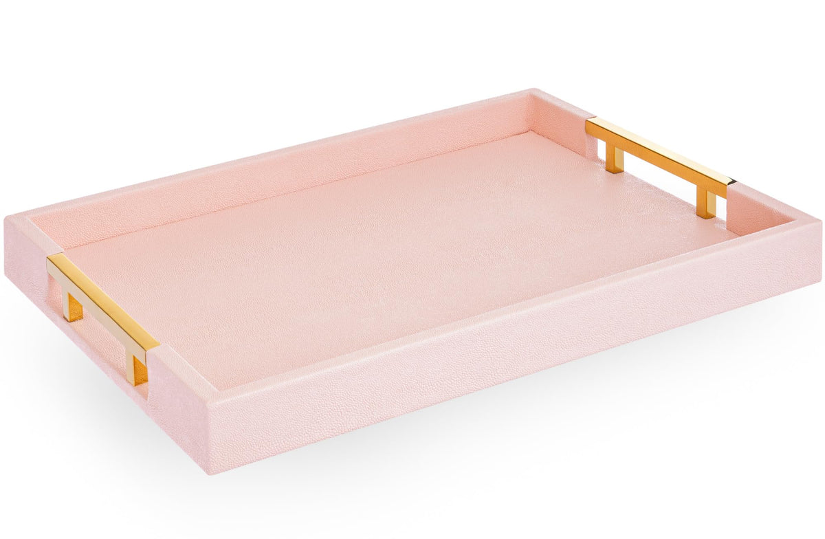 Home Redefined baby pink tray with glossy shagreen and gold handles, ideal as a stylish centerpiece.