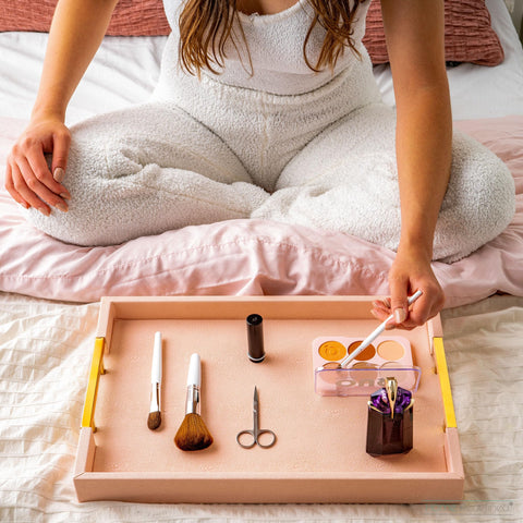 Home Redefined ottoman tray for breakfast in bed and remote storage.