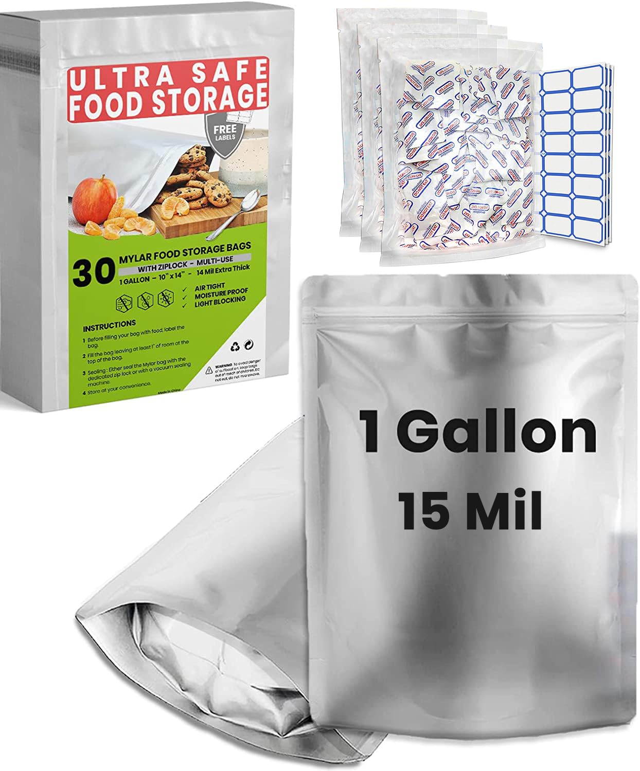 Home Sensei 1 gallon Mylar bags with zipper seal for organized long-term storage.