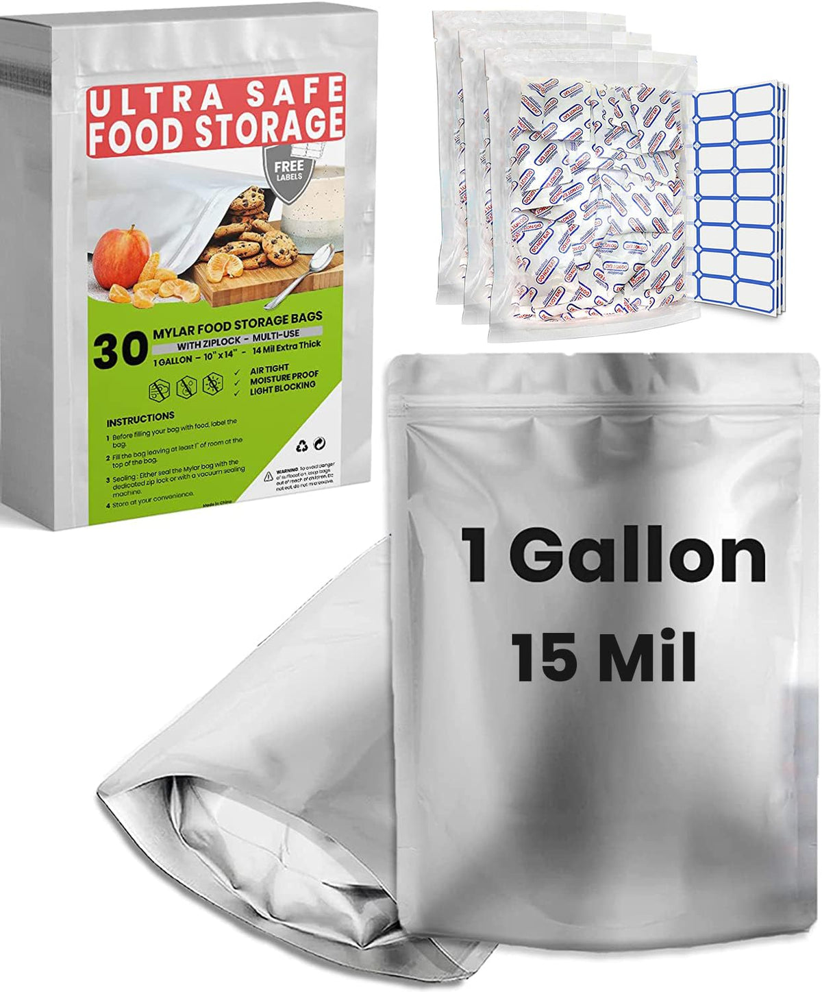 Home Sensei 1 gallon Mylar bags with zipper seal for organized long-term storage.